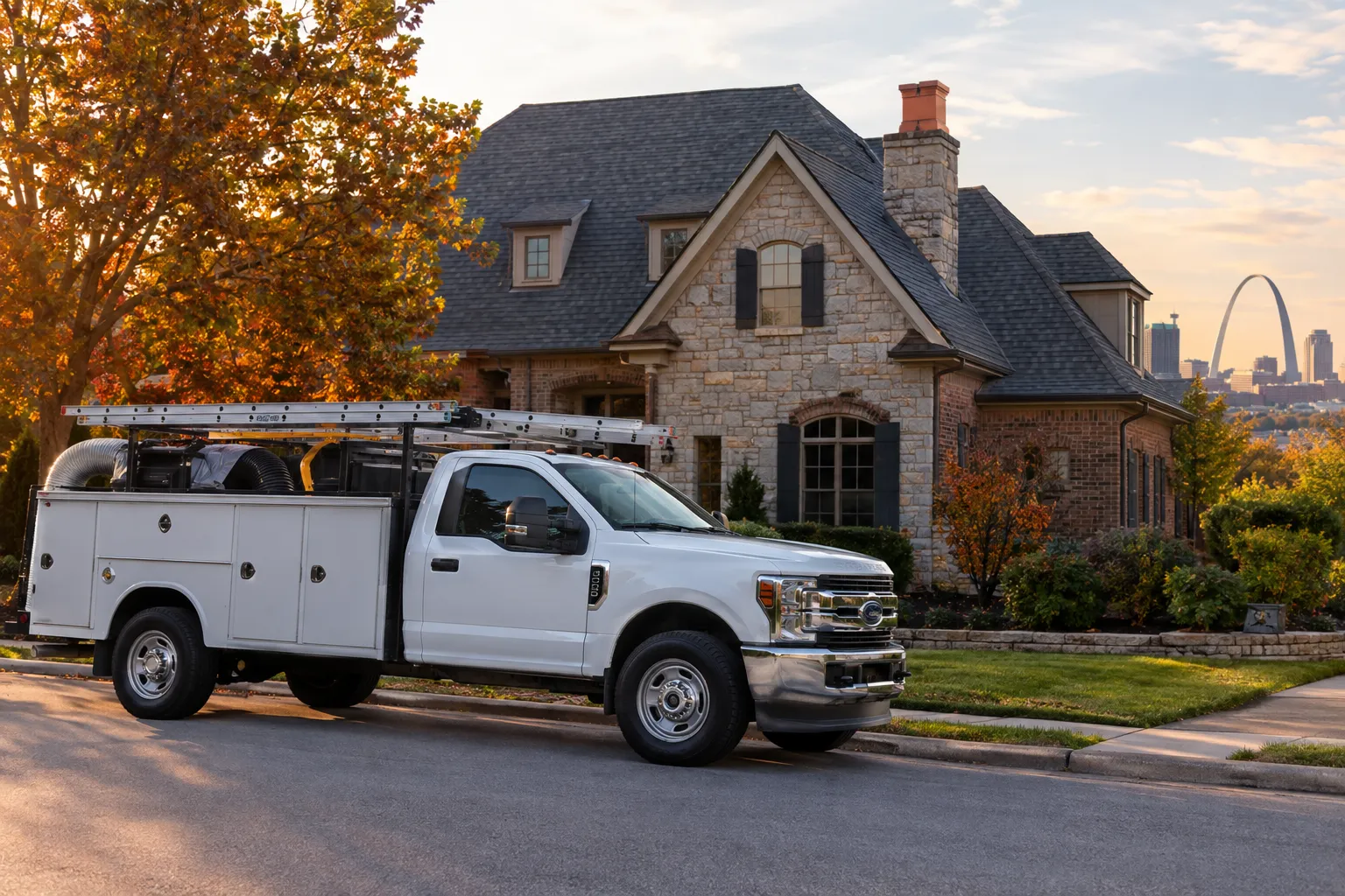 Mad Hatter service truck in front of a St. Louis home