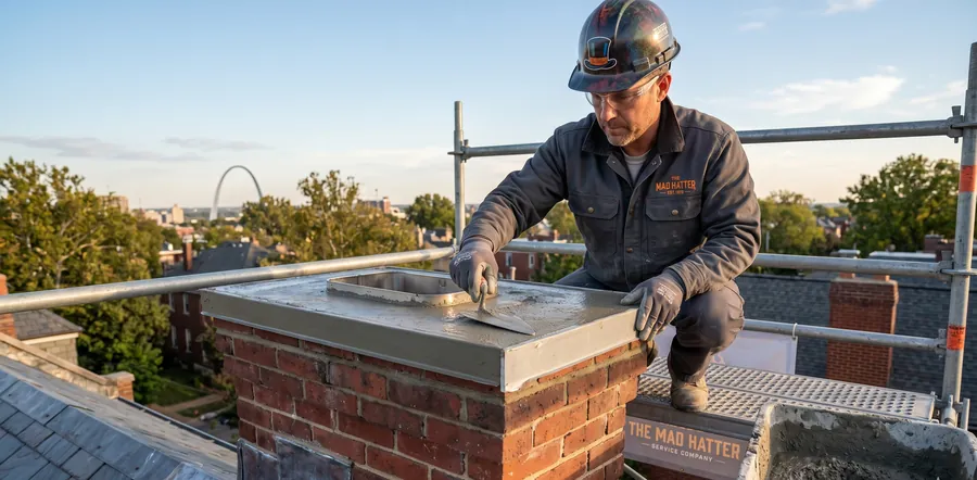 Mad Hatter mason finishing an engineered chimney crown on a St. Louis rooftop
