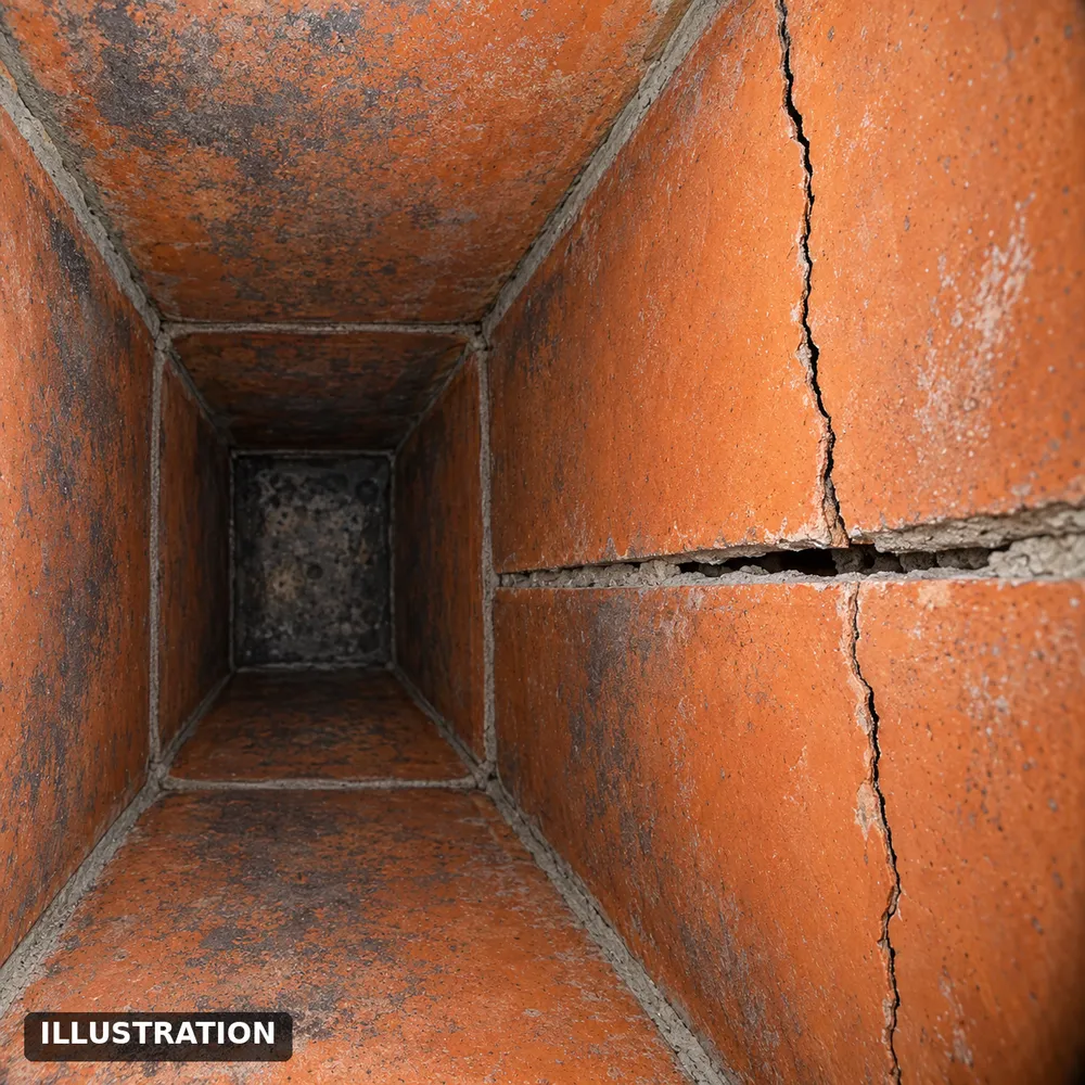 Illustration: a camera view inside a clay tile flue liner, halfway up, showing a vertical crack in a tile and an open mortar joint.