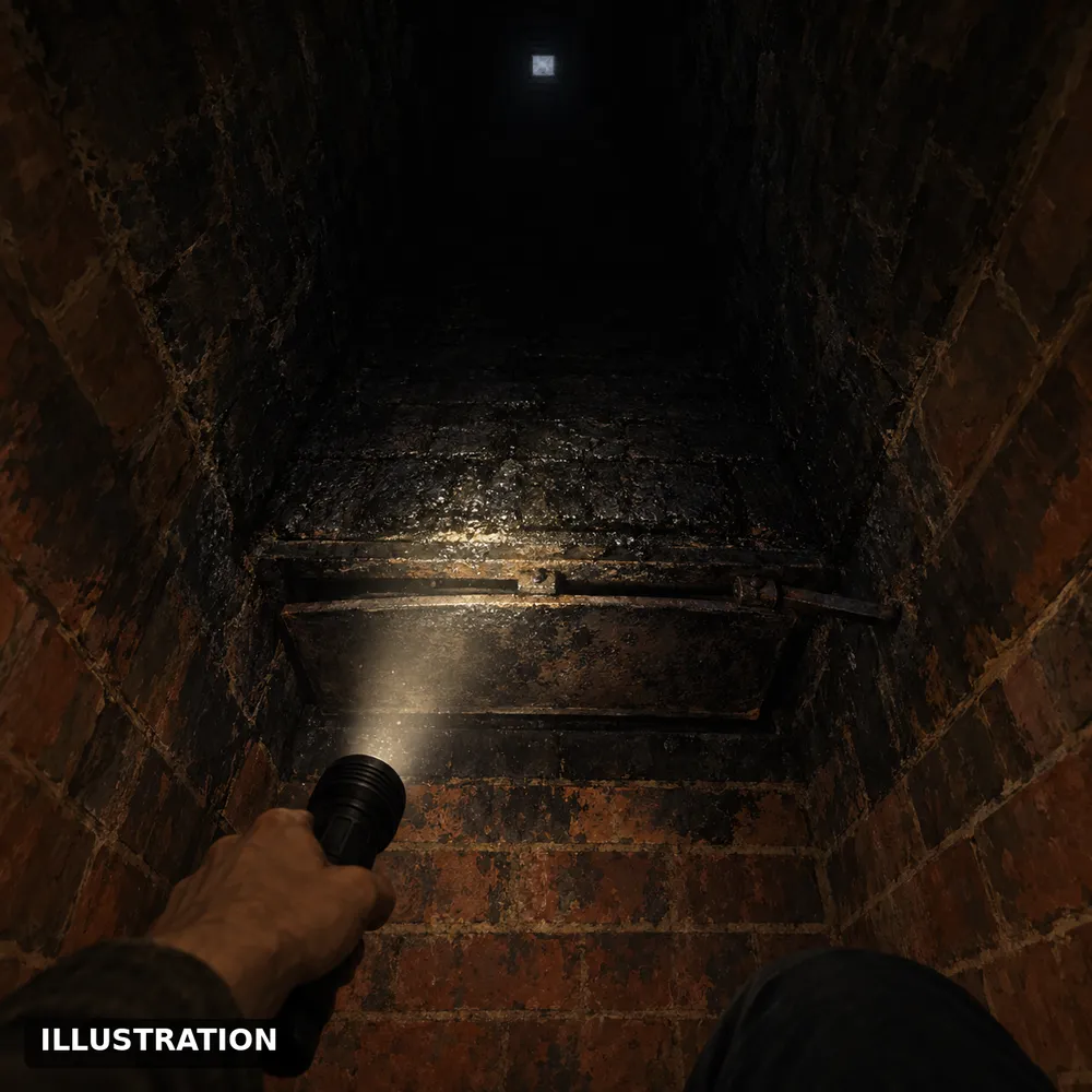 Illustration: looking up a chimney from the firebox with a flashlight. Only the sooty damper is lit and the flue above is dark.