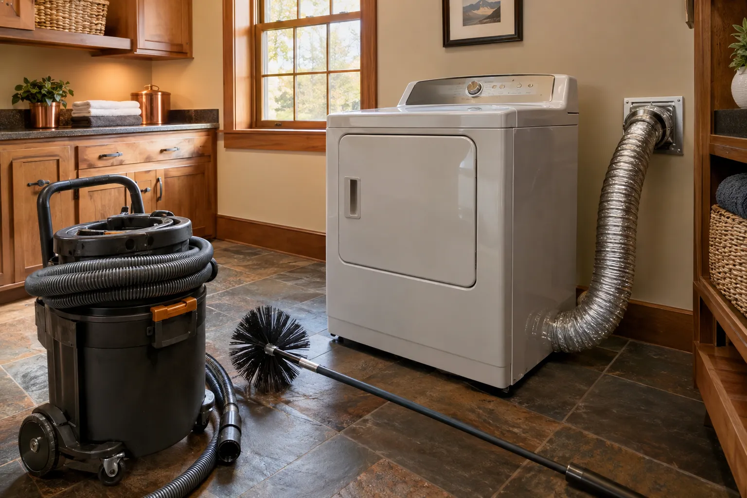 Dryer vent cleaning service in a clean laundry room