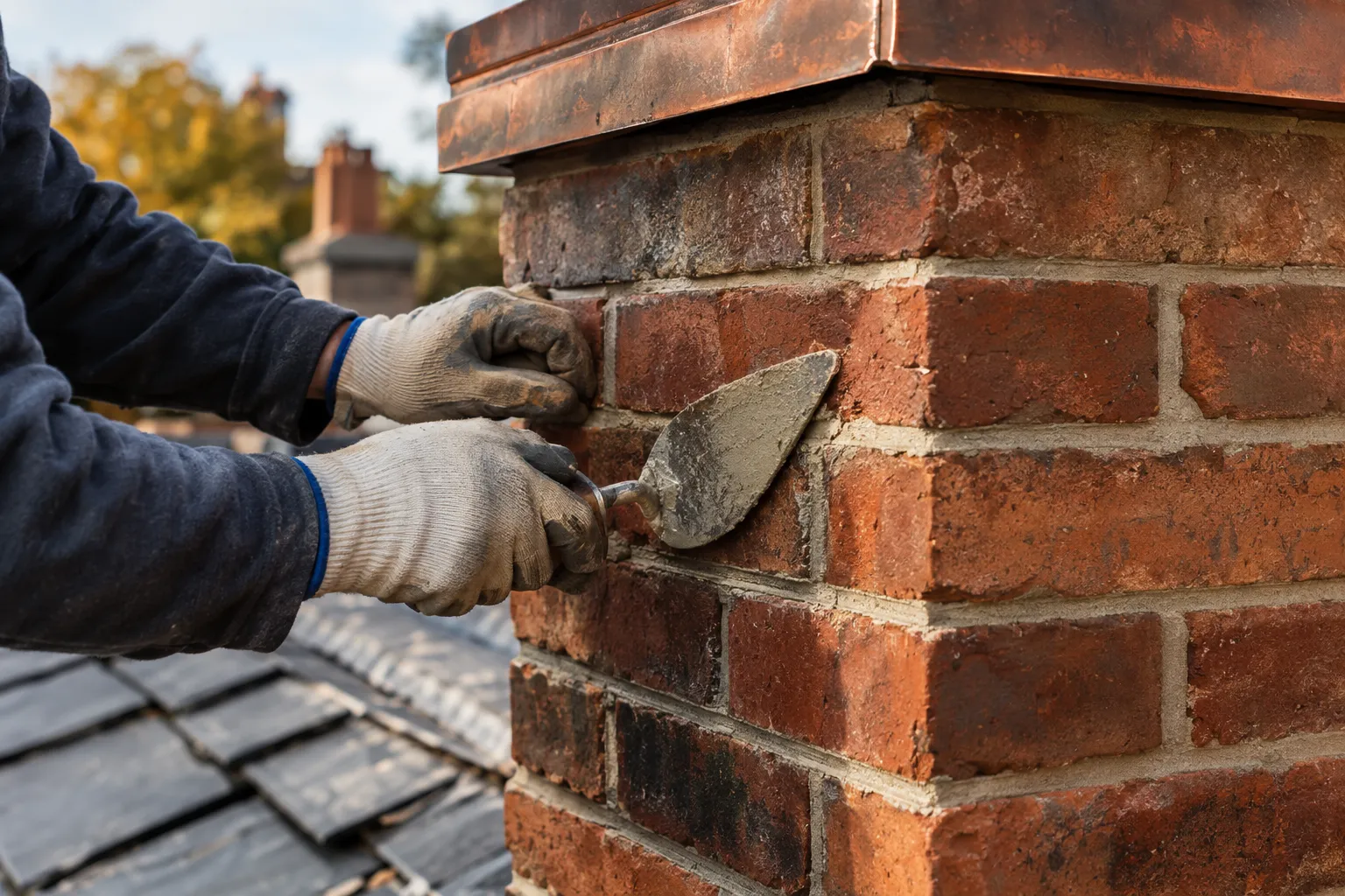 Chimney masonry repair with tuckpointing
