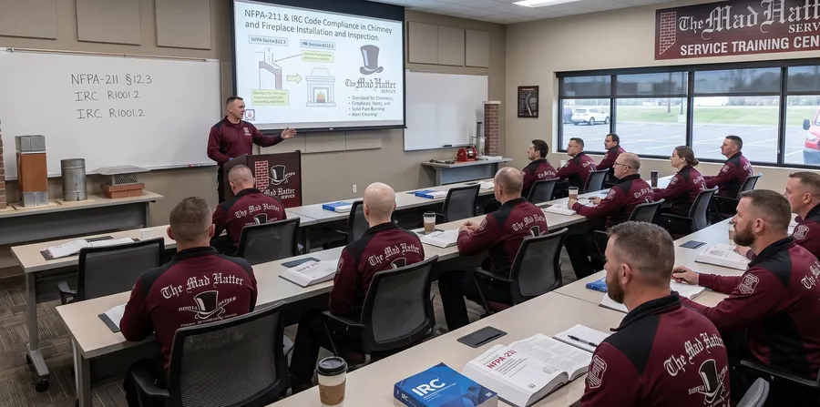 Mad Hatter technicians at the Service Training Center studying NFPA 211 and IRC code books